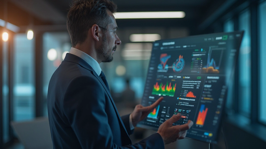 Analista deportivo completamente vestido con traje profesional, revisando estadísticas de partidos en múltiples monitores, ambiente moderno de oficina deportiva, iluminación profesional, fondo desenfocado, SIN texto, SIN marcas de agua